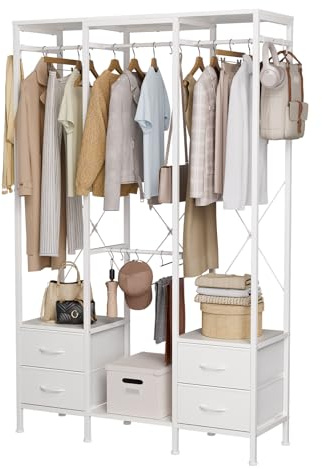 Mintnook Kleiderschrank Offen, Kleiderständer, Garderobenständer mit 4 Schubladen, Kleiderständer Stabil, fürs Schlafzimmer, Wohnzimmer, Eingangsbereich, Weiß