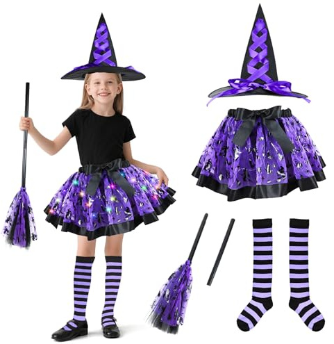 HERMORRYSS Deguisement Sorciere Enfant, Costume Halloween Fille, Costume avec Lumières, Chapeau, Baguette, Violette en Gaze de Sorcière, Jupe Lumineuse pour Carnaval, Cosplay, Rave Parties