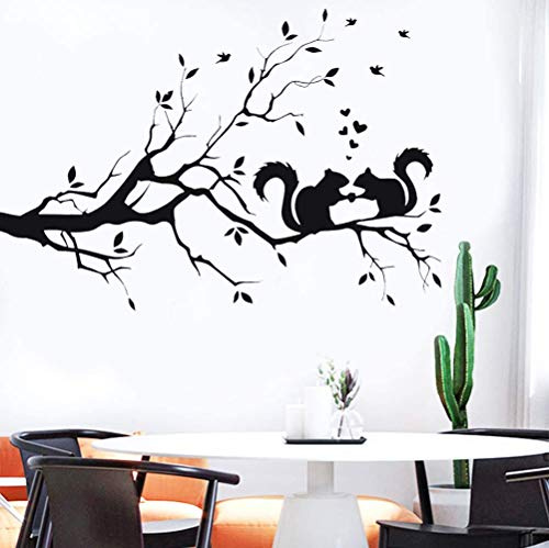 Autocollant mural amovible en vinyle avec branches d'arbre noires - Écureuil d'amour - Décoration murale pour salon, chambre à coucher et maison de ferme (56 x 35,6 cm)