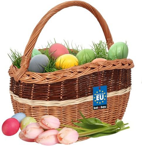 KOTARBAU Shoppingkorg – förvaringskorg – flätad korg – 29 x 42 cm – svampkorg – korg för frukt – picknickkorg – naturlig färg med vita och bruna ränder – pilkorg med handtag