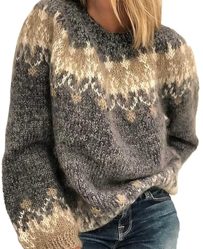 Fairisle Maglione da donna vintage a trecce maglione lavorato a maglia Nordic Fair Isle maglioni lavorati a maglia invernali caldi maglioni per le vacanze elegante girocollo maglione all'uncinetto