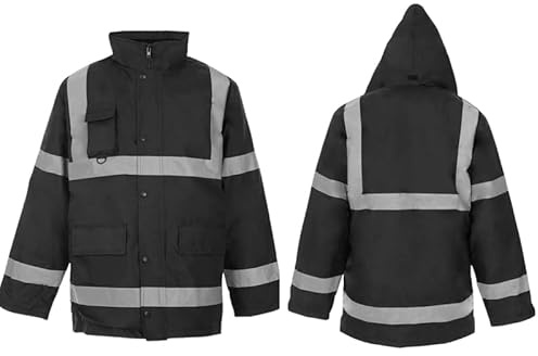 Hi Vis Traffic Jacket Waterproof High Visibility Padded Parka Coat Safety Security Workwear Winter Reflective Protective PPE Jacket Men Women Black M