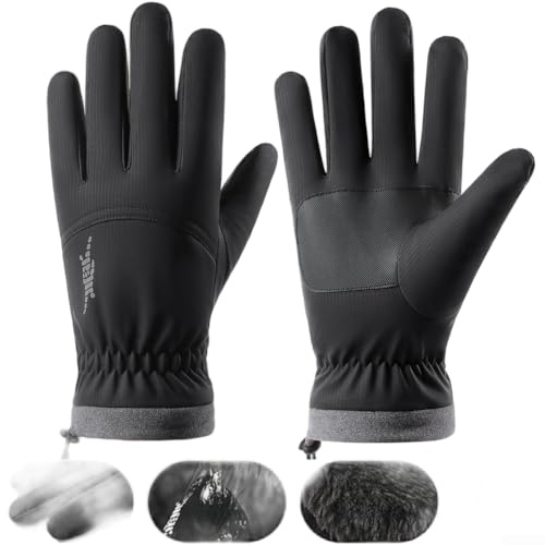 Honseadek Guanti da sci invernali per uomini e donne, impermeabili, antivento, termici, con compatibilità con touchscreen, fodera in pile, design polso regolabile (nero, L)