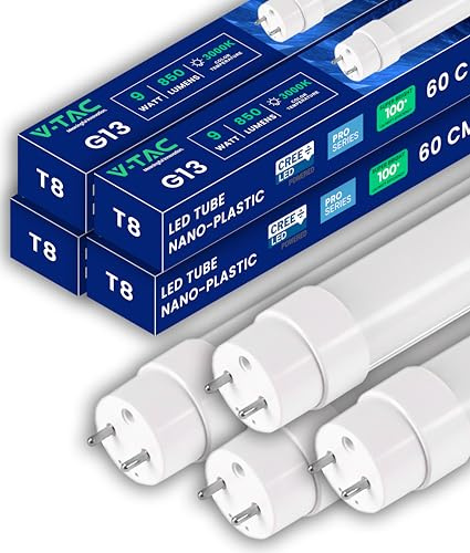 V-TAC 4x Tubi LED 60 CM - attacco G13-9W - [CHIP CREE LED ALTE PERFORMANCE]850 Lumen - Tubi LED per Soffitto, Parete, Garage - Tubo LED forma T8 - Sostituzione Neon - Luce Calda 3000K
