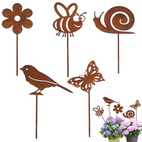 YPLANGENT 5 Picchetti Decorativi Giardino Ruggine, Decorazioni da Giardino in Metallo - Set Vintage con fiore, ape, uccello, lumaca e farfalla per balcone, terrazzo, aiuole e vasi