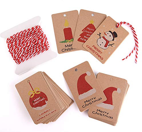 Kuuqa 50 piezas Kraft papel de Navidad etiquetas de regalo para Navidad regalo etiqueta de embalaje con cuerda colgante, 5 diseño diferente