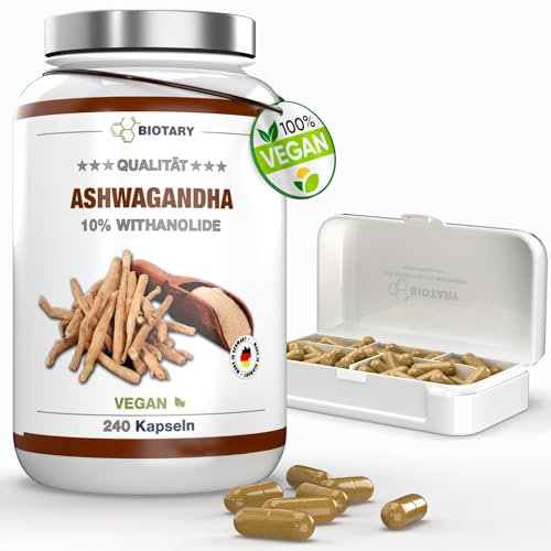 Ashwagandha 240 Kapseln | 10% Withanolide | inclusive Pillenbox | 1500mg Tagesportion | 4 Monatsvorrat | Vegan | Rein pflanzlich ohne Zusätze | indischer Ginseng | Ayurveda