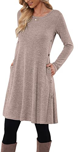MOLERANI Robe Pull pour Femme à Manches Longues Robe Tunique boutonnée décontractée avec Poches Café XL