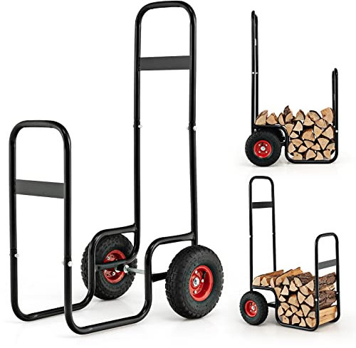 COSTWAY Chariot à Bois, Chariot de Bûches Charge 136 KG avec Roues en Caoutchouc, Range Bûches Extérieur, Porte Bûches Extérieur Diable 2 Roues Intérieur Extérieur pour Rangement de Bûches