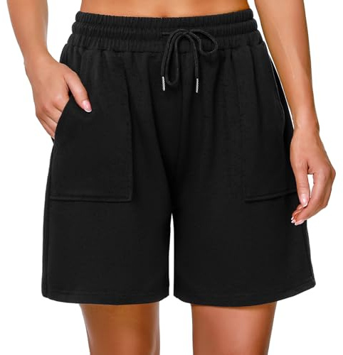 Uniexcosm Kurze Sportshorts Damen Sporthose High Waist Shorts Damen Sommer Shorty mit Taschen und Kordelzug Freizeitshorts für Running Gym Fitness Schwarz L