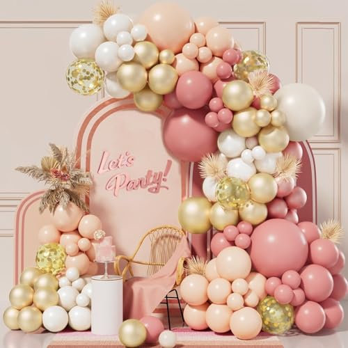 Pink Balloon Arch Kit, 138pcs Blush Pink White Gold Beige Balloon Garland, Dusty Pastel Pink Nude Gold Latex Balloons for Birthday Wedding Bridal Valentine Princess Party Decorations