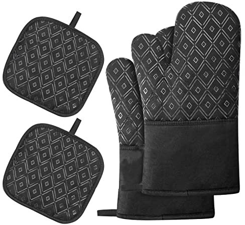 TICKLELY Presine forno Set di guanti da forno resistenti al calore-2 guanti antiscivolo da cucina e 2 set di presine da cucina da cucina a strisce in silicone antiscivolo per cucinare e cuocere (nero)