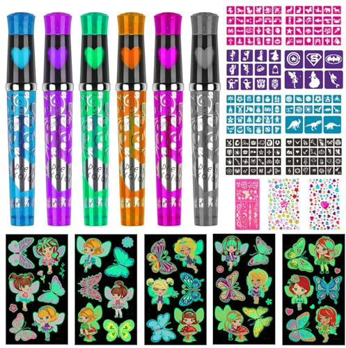 10-Pack Tatueringspennor för Barn, Glittertatueringsset, Barnsmink, Tatueringsmallar, Tillfällig Tatuering, Diamantklistermärken för Födelsedagar och Fest