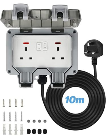 Double Outside Socket with 10m Extension Lead, IP66 External Socket Waterproof 2 Gang Storm Switched Power Socket, 13Amp Wall Electrical Outlets with Cover, Switch Indicator, for Outside Garden Garage