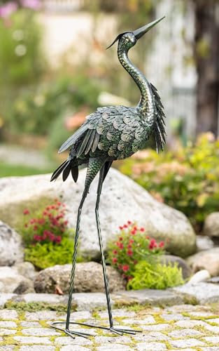 Dekoleidenschaft Figurine de héron en métal - 90 cm de haut - Noir vert doré - Héron de poisson - Effaroucheur d'oiseaux - Décoration de jardin pour l'extérieur