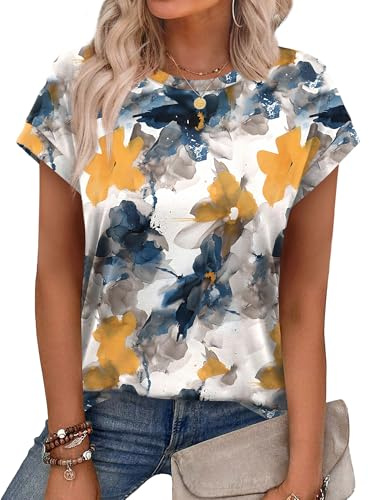 Aokosor Womens Summer Tops Floral Printed Short Capsleeve Shirts Crew Neck Casual Short Sleeve Grey Ladies Tops Size 10-12 for UK