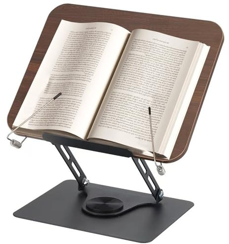 Leggio per lettura, supporto regolabile con base girevole a 360°, in legno con clip laterale, supporto per ricette, riviste, tablet, laptop
