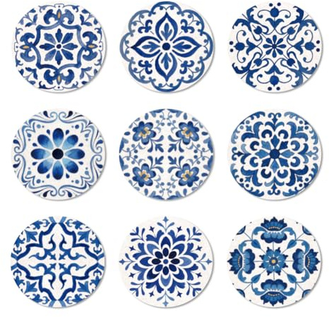 ANATTASOUL 9Pcs Patrón Español Azul Posavasos Madera, Posavasos De Madera, Reutilizables, Redondos, Drink Coasters, Taza para Café, Bar, Cocina, Restaurante