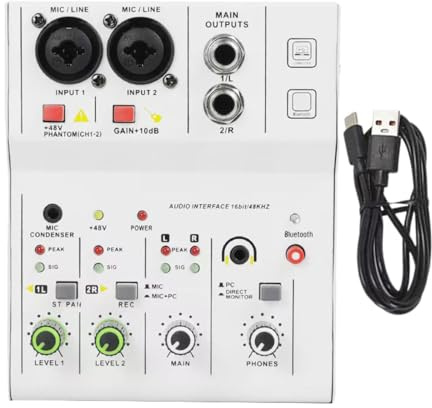 F Fityle 2 Channel Audio Mixer,Audio Interface Lightweight 48V Power Mixing Professional for Recording, White