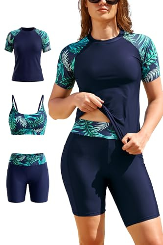 SHEKINI Womens 3-Piece Rash Guard Set Swimwear UPF50+ Blue Print 02,XL