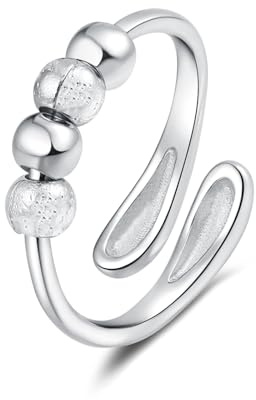KOSLEOW Anillo Anti Estrés Mujer de Plata de Ley 925, Anillo de Ansiedad Ajustable con Cuentas Giratorias, Plateada paraMujeres y Niñas, Anillos Anti-Ansiedad para Alivio Diario