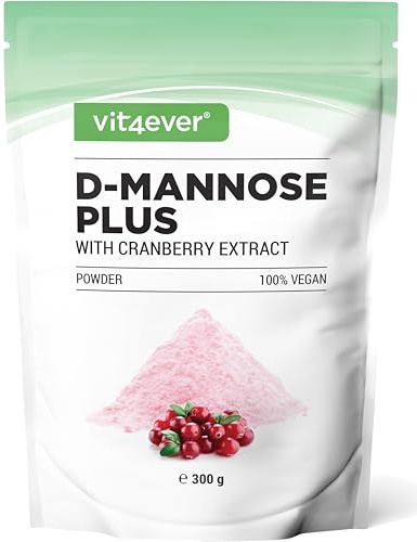 vit4ever D-Mannosio in Polvere con Estratto di Cranberry (Mirtillo Rosso) - Alto Dosaggio con 2000 mg di D-Mannosio e 500 mg di Cranberry - 300 g di Polvere - 120 Applicazioni - Vegano