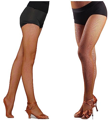 DANCEYOU Professionelle Netzstrumpfhose Latin Fischnetz Tanzstrumpfhose Fishnet stockings Strumpfhose für Mädchen und Damen Orangebraun S/M