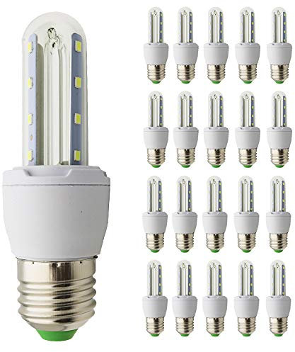 E27 220V Corn Lamp 3W LED U-Shaped Energy Saving Bulb Lamp Screw Mouth Super Bright Suitable for Lighting Indoor Light Source Single Lamp Cool White 6000K (Pack of 20)