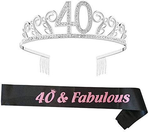 Byou Kristall Geburtstag Tiara,Diadem Tiara mit Haarkamm 40. Geburtstag Strass Krone Tiara mit Geburtstags Schärpe für Dame Geburtstagsfeier-Versorgungsmaterialien bevorzugt Dekorationen