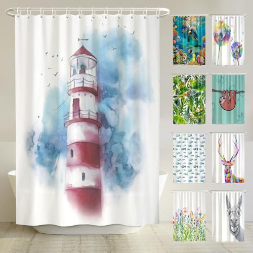 arteneur® - Leuchtturm - Anti-Schimmel Duschvorhang 200x220 - Recycelt mit Öko-Tex Standard 100 - Beschwerter Saum, Blickdicht, Wasserdicht, Waschbar, 12 Ringe & E-Book