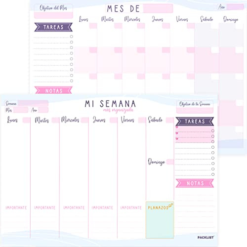 PACKLIST® Pack 2 Planificadores A4 de Escritorio (Semanal + Mensual Sin Fechas) – Kit Organizador Arrancable (52 y 25 Páginas) – Agenda Planning Productividad – Papel 100g Premium – Regalo (Rosa/Lila)