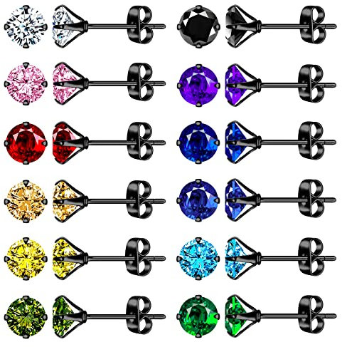 feilok Lot de 12 paires de boucles d'oreilles colorées en acier inoxydable pour homme et femme 4/6/8 mm, Acier inoxydable