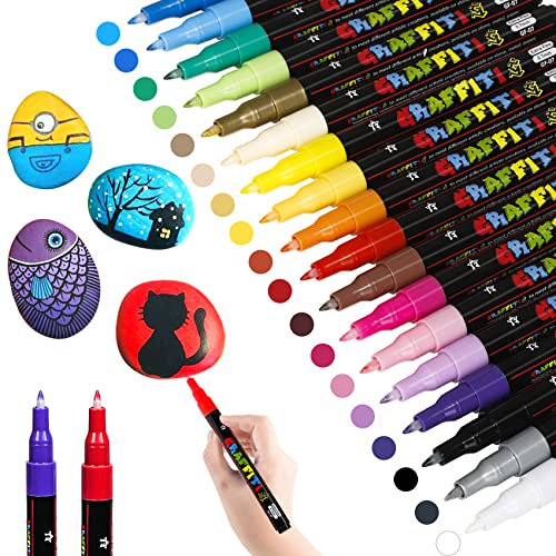 Rotuladores de Pintura Acrílica, 18 Colores para Piedra, Madera, Vidrio, Lienzo, Metal,Papel Negro Permanente Marcadores Dibujar Impermeable (0.7mm)