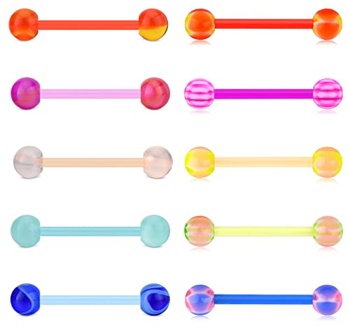 Funseedrr 10pcs Piercing Langue Teton Plastique Bioflex 14G 16mm Droit Barre Anneaux de Mamelon Langue Piercing