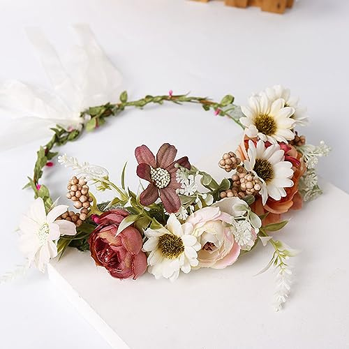 Wambere Corona di fiori per capelli, fascia per capelli con fiori e cinturino regolabile, multiuso per ragazze e donne, 1 unità (Confezione da 1), colore giallo champagne