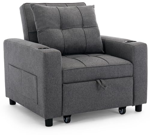 More4Homes HUDSON 1-SEATER SOFA BED LINEN FABRIC WITH CUP HOLDERS GREY