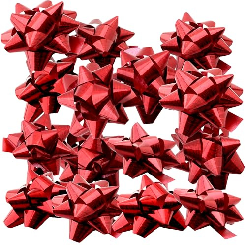OXYN Set Coccarde Fiocchi Stelle Decorazione per Regali Pacchi Natale Compleanno Feste Matrimoni Confezione Artigianato Confezionamento Autoadesivi Scintillanti Adesive (15pz 8cm, Rosso)