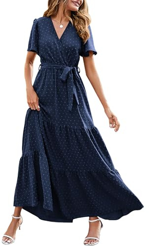 MASCOMODA Women Boho Swiss Dot Maxi Dresses Wrap V Neck Flutter Short Sleeve Solid Tie Waist A Line Tiered Flowy Long Dress(Navy,XX-Large)