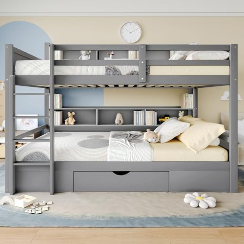 KecDuey Letti a castello 90x200cm, letti per bambini in legno, struttura per letto a castello con rete a doghe, cassetti e vani portaoggetti per adulti, letto per ragazzi (Grigio, 90 x 200cm)