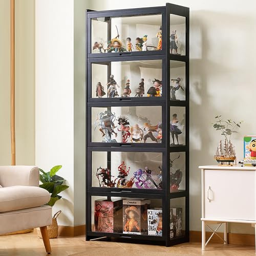 JFOZDM Vitrina , Vitrina Expositora Multifuncional de Vidrio a Prueba de Polvo, Diseño de Puerta de Gabinete Con Solapa, Vitrina Cristal Para Oficinas, Dormitorios, Salas de Estar 70*34*172CM Negro
