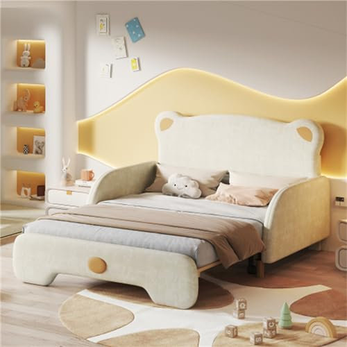 Cenbunsh Ausziehbares Kinderbett in Form eines Bären Beige (140x110cm & 140x200cm) Ausziehbares Bett mit weicher Schutzhülle Lattenrost aus Holz für Jungen und Mädchen