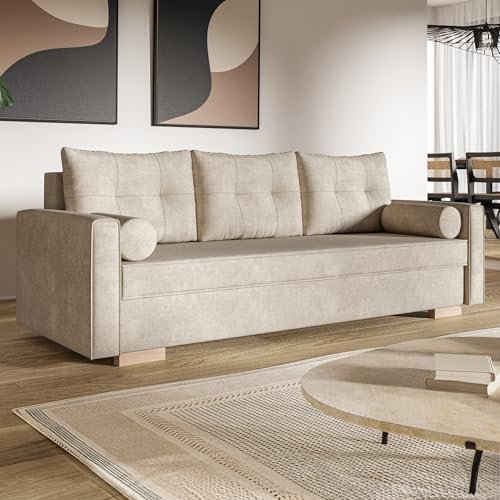 MOTIVENA Vienna Sofagarnituren, 3 Sitzer Sofa mit Bettfunktion, Schlafsofa 215 cm Breit, Klappsofa mit Schlaffunktion, Bettsofa mit Schlaffunktion, Bonellfederkern (H4), Samt Sofa Beige (Creme)
