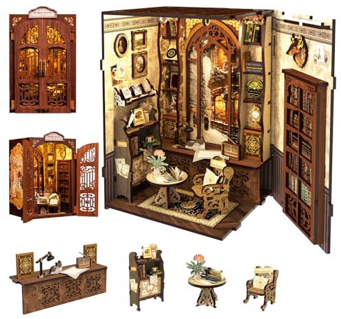 Fsolis Book Nook set – gör-det-själv dockhus, trähus, bokhörn, miniatyrset för vuxna och tonåringar, modellbyggsats, bokhyllinsats med sensor, LED-ljus, (Bookshop Memories)