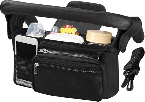 PAIKIUU Kinderwagen Organizer Tasche Kinderwagen Organizer Buggy Organizer Tasche Kinderwagen Organizer Tasche mit 3 isolierten Getränkehaltern Reißverschlusstasche Verstellbarer Schultergurt für jede