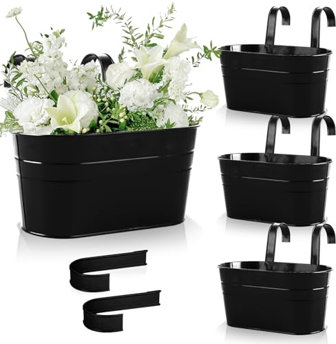 LDHHYH 4PCS Metal Hanging Planter Pots, Black Iron Wall Mount Flower Pots, Large Balcony Planters with Removable Double Hooks for Balcony Rail Fence Indoor Outdoor Garden