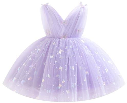 IDOPIP Bebé Niña Sin Mangas V - Cuello Tul Tutú Vestido Princesa Flor Chica Vestido Arco Elegante Cumpleaños Celebración Formal Fiesta Vestido De Fiesta, morado, 3-4 Años