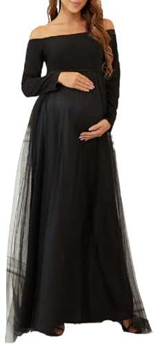 Havejoy Maxi Vestito Donna Cerimonia Premaman Invernale Maniche Lunghe Abiti Lunghi Stile Impero in Rete Swing Vestiti Spalle Scoperte Abito per Servizio Fotografico Gravidanza Abbigliamento Maternità