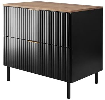 3E 3xE living.com Badezimmerschrank, Schwarz/Eiche Craft + Goldener Griff, 80 x 77 x 46 cm