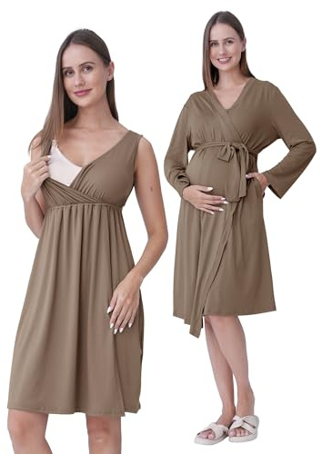 SUNNYBUY Chemise de nuit de grossesse et d'allaitement avec robe de chambre 2 pièces | 3 en 1 - Robe de nuit de grossesse pour l'accouchement, la puerpéralité et l'allaitement - Vêtement de nuit