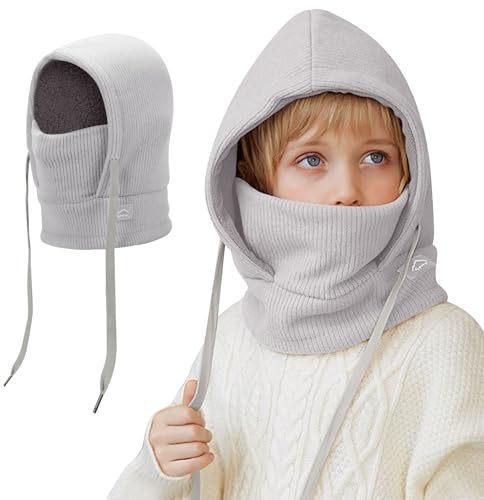 Mayoii Bonnet d'hiver thermique pour enfants, cagoule multifonctionnelle coupe-vent pour ski, bonnet en polaire chaud tricoté, capuche, écharpe de cou pour garçons et filles de 4 à 12 ans, gris